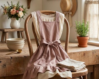 French Linen Apron, Ruffled Kitchen Apron, Retro Farmhouse Cooking Apron
