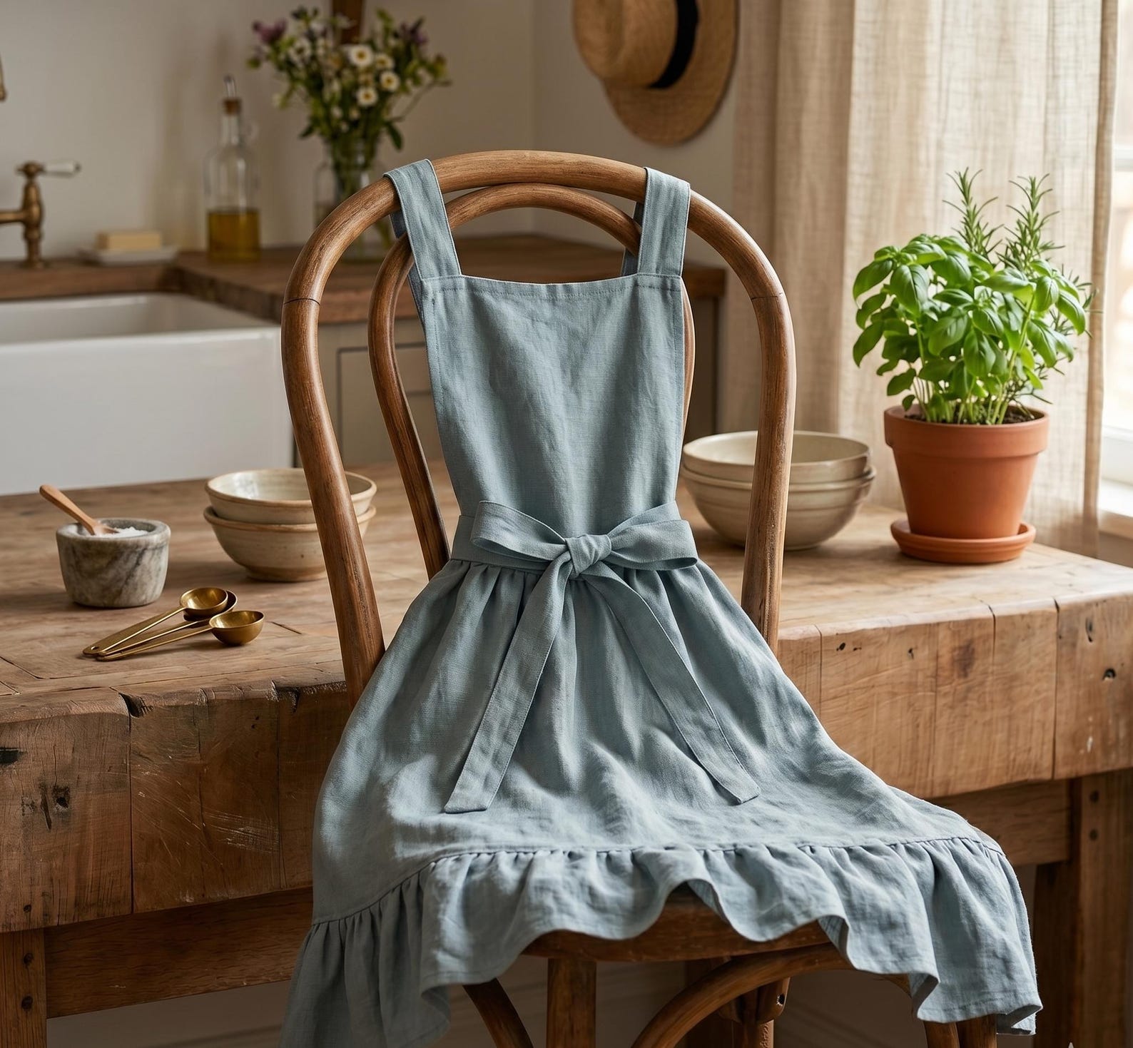 French Linen Apron - Dusty Blue