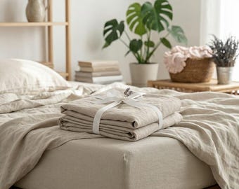Drap-housse en lin, literie en lin lavé doux, décoration de chambre minimale