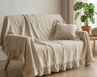 Copridivano in lino con volant, copridivano in stile rustico, decorazione per divano in lino lavato