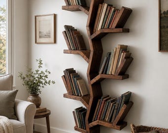 Large Tree Bookshelf, Solid Pine Wall-Mounted Bookcase, Handmade 80-Book Branch Shelf