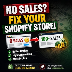 Op de afbeelding: Een advertentie met de tekst "GEEN VERKOOP? REPAREER JE SHOPIFY WINKEL!" Een afbeelding toont een website met "0 VERKOOP" en een verdrietig gezicht dat verandert in een website met "100+ VERKOOP" en stapels geld. De advertentie promoot beter design, hoge conversies en meer winst.