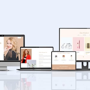 May include: A collection of electronic devices displaying a website for a beauty brand. The devices include a desktop computer, laptop, tablet, and smartphone. The website features product images and the text "Brighten up your look, Explore our beauty haven, Glow Lab."