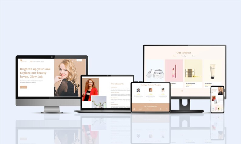 May include: A collection of electronic devices displaying a website for a beauty brand. The devices include a desktop computer, laptop, tablet, and smartphone. The website features product images and the text "Brighten up your look, Explore our beauty haven, Glow Lab."