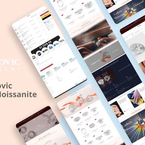 May include: A collection of website mockups showcasing Ludovic Jewelry, featuring moissanite rings and engagement rings. The designs are displayed on various devices, with the text "AS SEEN ON" and the logos of NBC, CBS, and other media outlets.