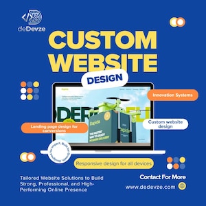 May include: A blue digital graphic featuring a laptop displaying a website with a green drone carrying a package. Text includes CUSTOM WEBSITE DESIGN, deDevze, Innovation Systems, Landing page design for conversions, and www.dedevze.com.