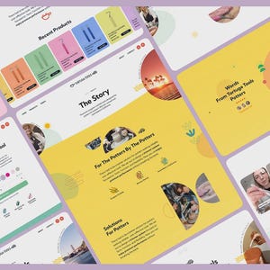 May include: A collection of website mockups on a purple background. The websites feature a clean design with a yellow and white color scheme. The text includes "Recent Products", "The Story", and "For The Potters By The Potters".