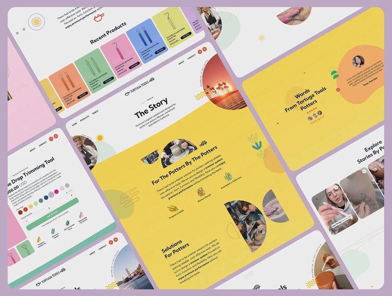 May include: A collection of website mockups on a purple background. The websites feature a clean design with a yellow and white color scheme. The text includes "Recent Products", "The Story", and "For The Potters By The Potters".