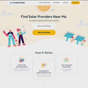 May include: A website landing page for VivaSolarFinder, featuring the text "Find Solar Providers Near Me." The page includes illustrations of people, solar panels, and buttons to enter a ZIP code and start saving. The page also has a section titled "How It Works."
