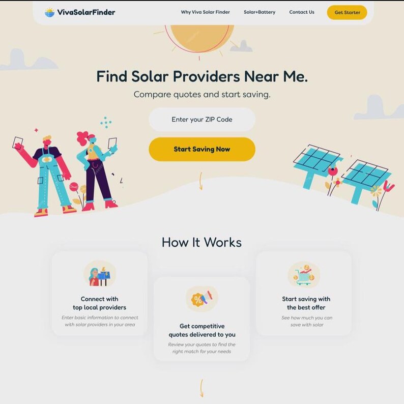 May include: A website landing page for VivaSolarFinder, featuring the text "Find Solar Providers Near Me." The page includes illustrations of people, solar panels, and buttons to enter a ZIP code and start saving. The page also has a section titled "How It Works."