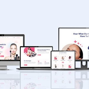 May include: A digital display of a beauty e-commerce website, showcasing various devices including a desktop computer, laptop, tablet, and smartphone. The website features beauty products, customer testimonials, and the text "Clean Beauty Essentials For A Natural Look".