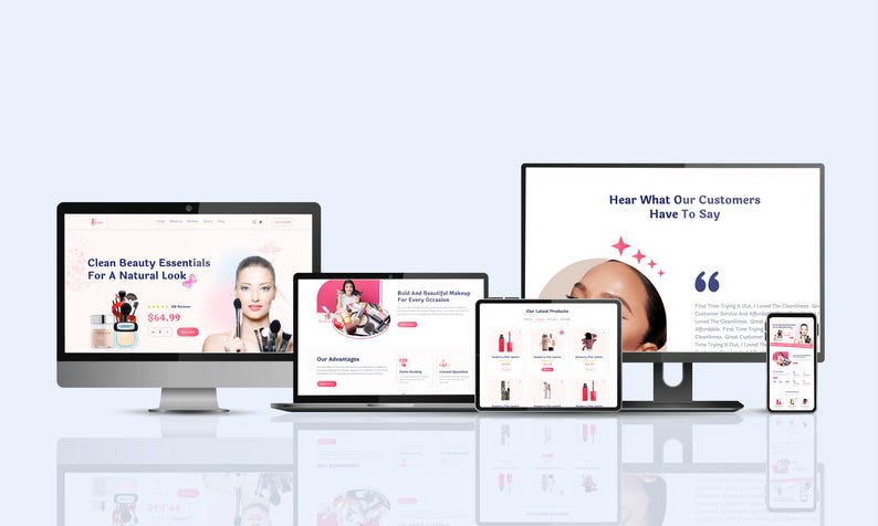 May include: A digital display of a beauty e-commerce website, showcasing various devices including a desktop computer, laptop, tablet, and smartphone. The website features beauty products, customer testimonials, and the text "Clean Beauty Essentials For A Natural Look".