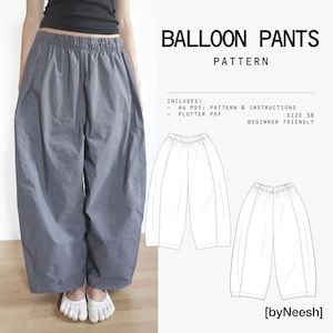 Könnte beinhalten: Schnittmuster für Ballonhosen mit einer grauen Hose mit weitem Bein und elastischem Bund. Der Text lautet BALLOON PANTS PATTERN, INCLUDES: A4 PDF: PATTERN & INSTRUCTIONS, PLOTTER PDF, SIZE 38, BEGINNER FRIENDLY und [byNeesh].
