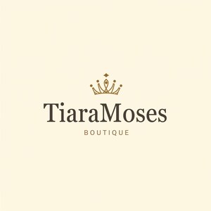 Pu&ograve; includere: Un logo per "Tiara Moses Boutique" presenta una corona dorata sopra il testo. Il testo &egrave; in un carattere serif marrone scuro, con "BOUTIQUE" in un carattere pi&ugrave; piccolo sotto. Lo sfondo &egrave; beige chiaro.