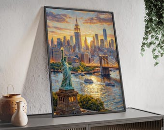 New York City skyline poster | Statue of Liberty sunset framed poster