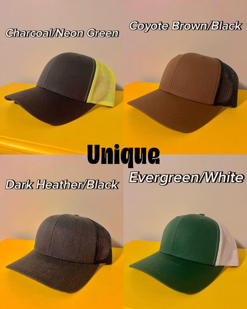 May include: Four trucker hats displayed in a grid. Top left: Charcoal/Neon Green. Top right: Coyote Brown/Black. Bottom left: Dark Heather/Black. Bottom right: Evergreen/White. Each hat features a solid front panel, a curved brim, and a mesh back.