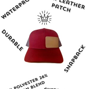 May include: A red snapback cap featuring a tan faux leather patch on the front. The text on the image includes WATERPROOF, FAUX LEATHER PATCH, DURABLE, SNAPBACK, 74% POLYESTER 26% COTTON BLEND, and CUSTOMIZABLE PATCH PLACEMENT with a crown icon.