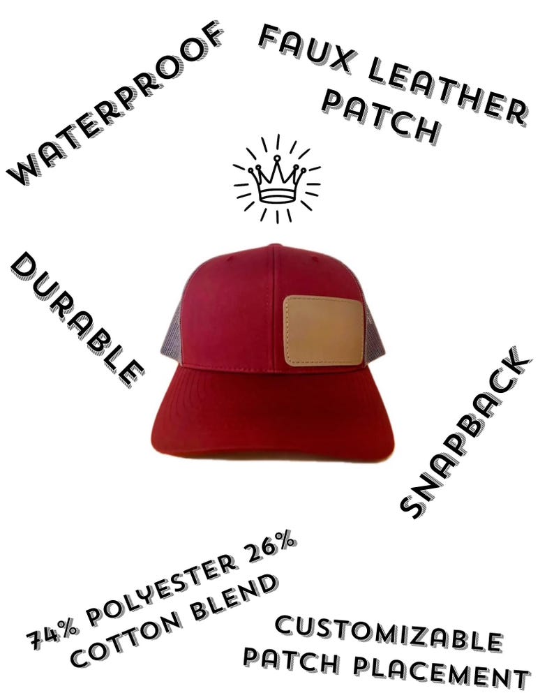 May include: A red snapback cap featuring a tan faux leather patch on the front. The text on the image includes WATERPROOF, FAUX LEATHER PATCH, DURABLE, SNAPBACK, 74% POLYESTER 26% COTTON BLEND, and CUSTOMIZABLE PATCH PLACEMENT with a crown icon.