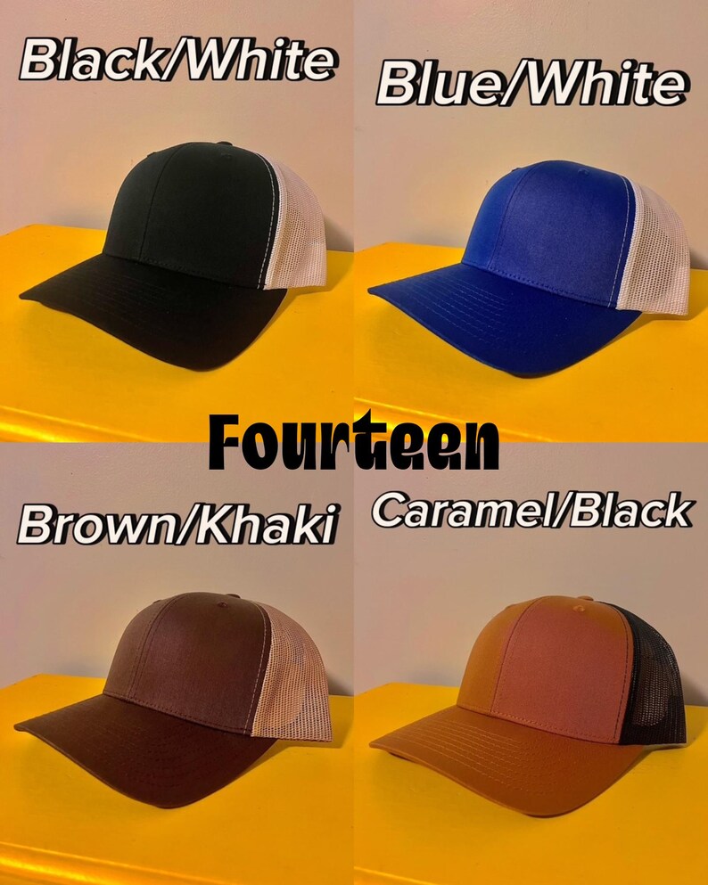 May include: Four baseball caps with mesh backs. Top left is black and white, top right is blue and white, bottom left is brown and khaki, and bottom right is caramel and black. Each cap features a solid front panel and a curved brim.