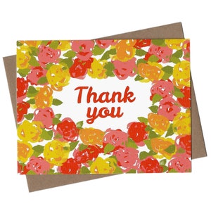 Nota de agradecimiento floral vintage - Conjunto floral coral, rojo, amarillo y naranja - Tarjeta de agradecimiento para despedida de soltera