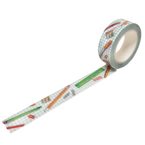 May include: A roll of decorative adhesive tape featuring a white grid pattern background with illustrations of school supplies including yellow pencils, a green ruler, silver paper clips, a pencil sharpener, and small red erasers.