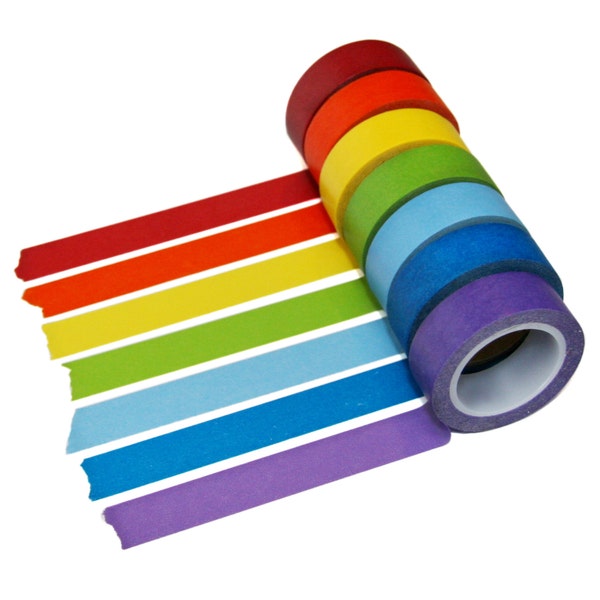 Rainbow Washi Tape Set, 7 Rolls, 15mm x 10 METERS Each, Set Discount, ROY G BIV craft tape