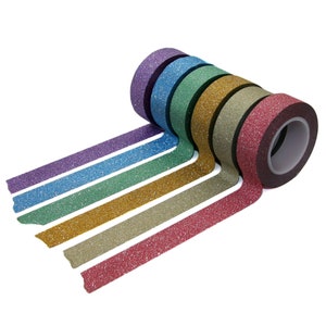 Set of Six Rainbow Glitter Tape, 15mm x 10 METERS, Save on Sets of Solid ROY G BIV Sparkle, Bullet Journal Accessory