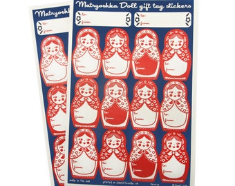 Gift Tag Stickers in Matryoshka Dolls - 2 Sheets - Navy and Red - Corresponds with Russian Nesting Doll Gift Wrap