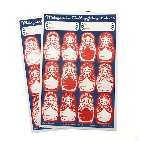 Gift Tag Stickers in Matryoshka Dolls - 2 Sheets - Navy and Red - Corresponds with Russian Nesting Doll Gift Wrap