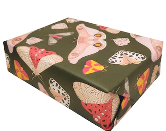 Pink Moth Gift Wrapping Paper, Butterflies on Dark Green Present Paper, 20x29" Ideal for Special Occasions & Holidays
