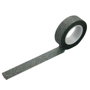 Zwarte glittertape, 15 mm x 10 meter, donkergrijze glitterwashi, knutseltape