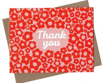 Red Floral Thank You Note - Red and Pink Mod Floral Thank You Set - Bridal Shower Thank You Cards