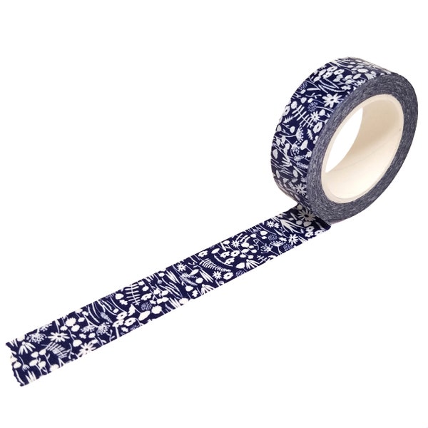 Navy Blue Floral Washi Tape, 15mm x 10m, Flower Craft Tape, Bullet Journal Accessories