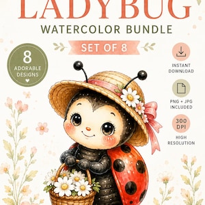 Könnte beinhalten: Aquarellillustration eines niedlichen Marienkäfers mit Strohhut und einem Korb mit Gänseblümchen. Das Bild enthält den Text "Cute Ladybug Watercolor Bundle" und "Set of 8 adorable designs".