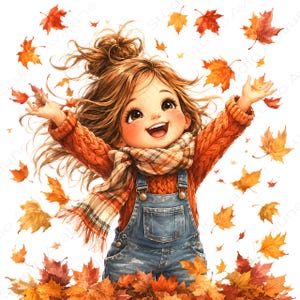 Könnte beinhalten: Ein fröhliches Kind mit braunem Haar in einem Dutt, trägt einen groben orangefarbenen Strickpullover, einen karierten Schal und eine blaue Jeanslatzhose. Das Kind hat die Arme erhoben, umgeben von fallenden herbstlichen Ahornblättern in Rot, Orange und Gold.