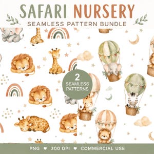 Könnte beinhalten: Ein digitales nahtloses Musterpaket mit dem Titel SAFARI NURSERY mit Aquarellillustrationen von Elefanten, Giraffen und Löwen, teilweise in Heißluftballons, mit Regenbögen, Sternen und Wolken auf weißem Hintergrund, inklusive 2 nahtloser Muster.