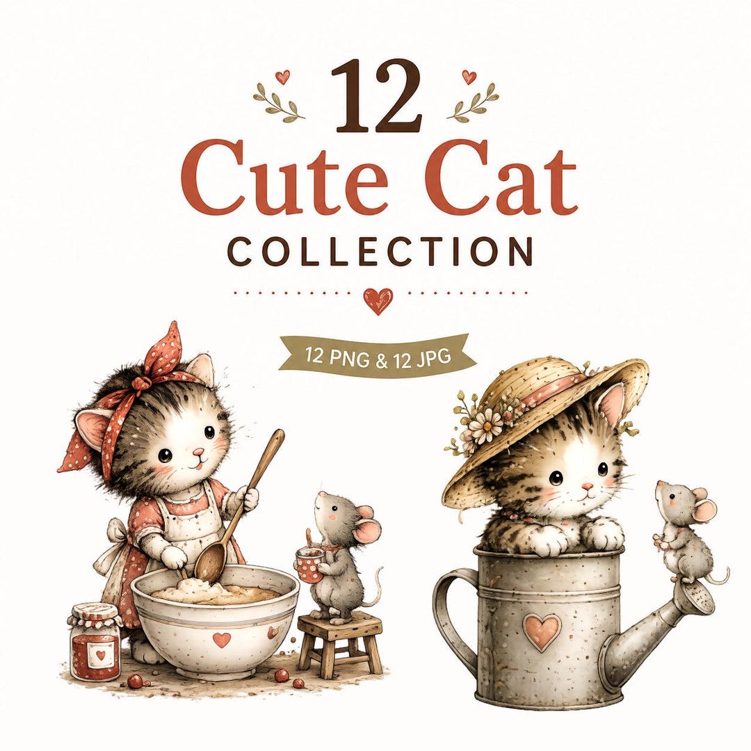Cute Cat Clipart Bundle PNG JPG, Watercolor Kitten Clipart, Cute Animal ...
