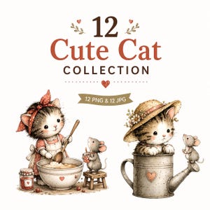 Könnte beinhalten: Aquarellillustration mit einer Sammlung von 12 niedlichen Katzen. Das Bild zeigt eine Katze mit roter Schleife und Schürze beim Kochen und eine weitere Katze mit Strohhut. Der Text lautet "12 Cute Cat Collection".