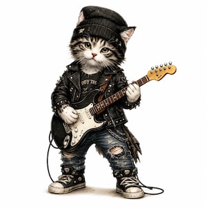 Puede incluir: Imagen digital de un gato vestido con una chaqueta de cuero negra, vaqueros rotos y un gorro, tocando una guitarra eléctrica. El gato lleva zapatillas negras y una camiseta con texto. La guitarra es negra y blanca.