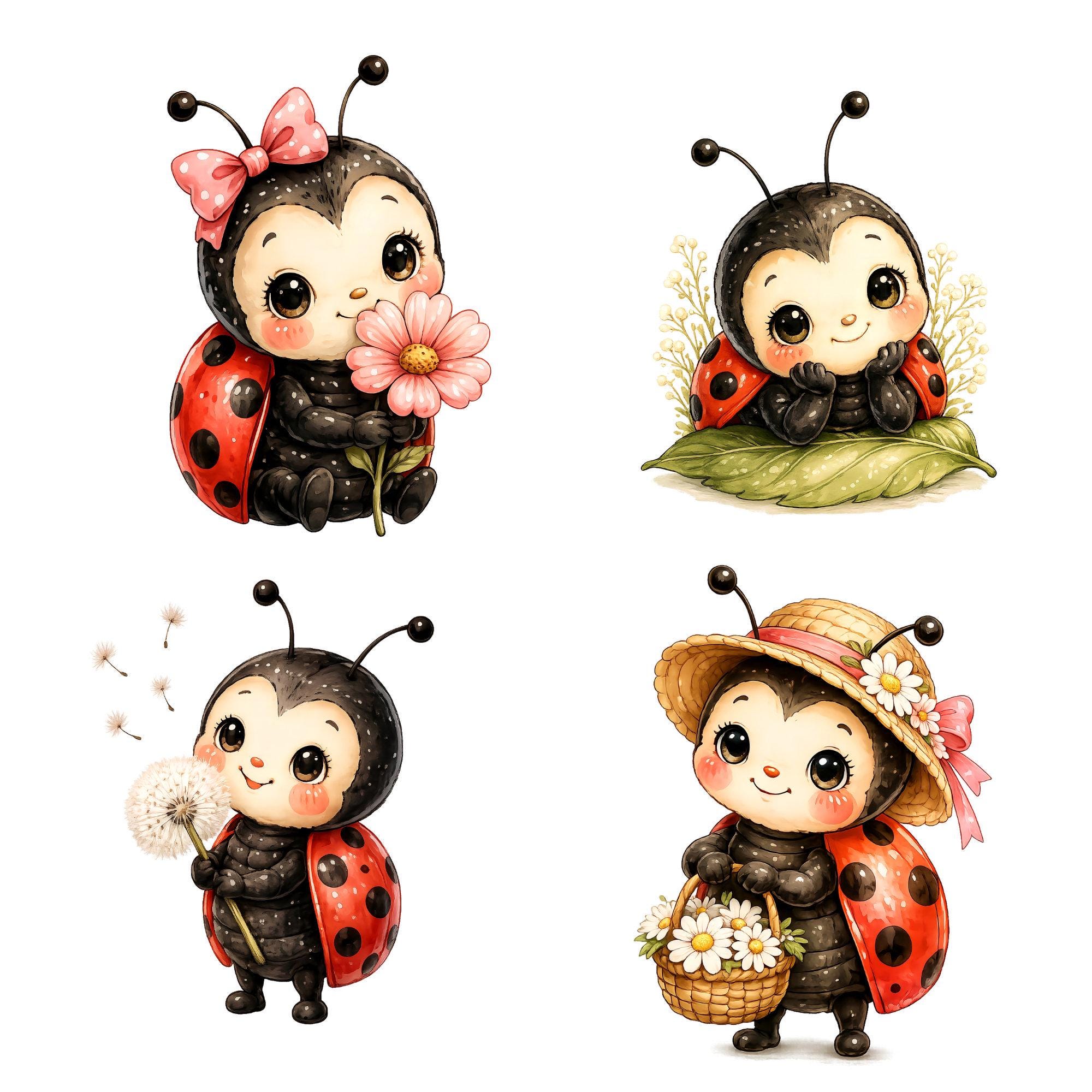 Cute Ladybug Watercolor Bundle PNG, Kawaii Ladybug Clipart Set, Nursery ...