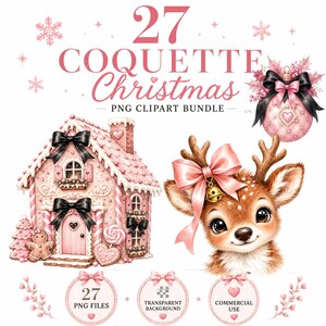 Könnte beinhalten: Ein digitales Clipart-Paket mit dem Titel 27 COQUETTE Christmas PNG CLIPART BUNDLE, das ein rosa Lebkuchenhaus mit schwarzen Schleifen, ein Rentier mit rosa Schleife und Glocke sowie eine rosa Weihnachtskugel mit schwarzer Schleife zeigt.