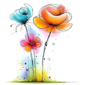 Könnte beinhalten: Eine Aquarellillustration mit drei stilisierten Blumen mit dünnen schwarzen Tintenumrissen. Eine große orangefarbene Blume, eine mittelgroße blaue Blume und eine kleine rosa Blume vor weißem Hintergrund mit bunten Farbspritzern.