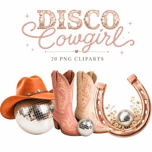 Könnte beinhalten: Ein digitales Grafikset mit dem Text DISCO cowgirl und 20 PNG CLIPARTS. Die Elemente umfassen einen orangefarbenen Cowboyhut, eine silberne Discokugel, zwei hellrosa Cowboystiefel mit Blumenstickerei und ein kupferfarbenes Hufeisen mit kleinen Blumen.