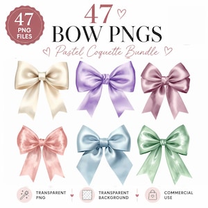 Könnte beinhalten: Eine digitale Sammlung von 47 Schleifen-PNG-Dateien als Pastel Coquette Bundle. Das Bild zeigt sechs Schleifen mit Satintextur in Creme, Lavendel, Mauve, zartem Rosa, Hellblau und Mintgrün sowie Textbeschriftungen für transparente PNG-Dateien.