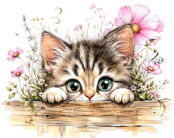 Cat Watercolor Clipart Bundle, 30 Cute Peeking Kitten JPG Illustrations, Whimsical Storybook Cats for Cards, Stickers & Crafts