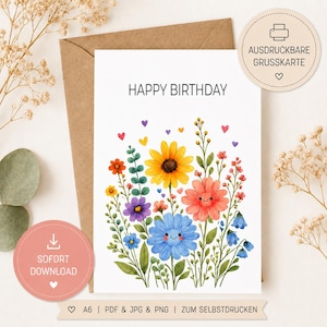 Op de afbeelding: Een aquarel verjaardagskaart met de tekst "HAPPY BIRTHDAY" boven een kleurrijk bloemstuk. De bloemen zijn onder andere gele zonnebloemen, blauwe, paarse en rode bloemen met lachende gezichten. Een bruine envelop en download iconen zijn ook zichtbaar.