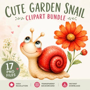 Könnte beinhalten: Eine digitale Illustration einer lächelnden Schnecke mit rotem Gehäuse neben einer orangefarbenen Blume. Der Text lautet CUTE GARDEN SNAIL CLIPART BUNDLE und 17 PNG FILES. Das Design enthält kleine rosa Herzen und weiße Blüten auf hellem Grund.
