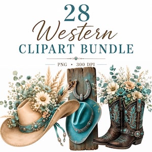 Könnte beinhalten: Ein digitales Grafikset mit dem Titel 28 Western CLIPART BUNDLE PNG 300 DPI, bestehend aus einem beigen Cowboyhut mit türkisfarbenen Akzenten und Blumen, einem türkisfarbenen Hut auf einem Holzpfosten mit Hufeisen und braunen Lederstiefeln.