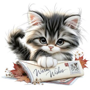 Könnte beinhalten: Ein flauschiges grau-weißes getigertes Kätzchen mit großen dunklen Augen ruht seine Pfoten auf einem cremefarbenen Umschlag. Der Umschlag trägt den handgeschriebenen Text Warm Wishes und eine Briefmarke mit Vogelmotiv, umgeben von Herbstblättern.