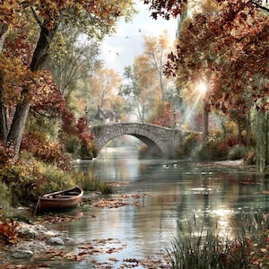 May include: A serene autumn landscape featuring a stone arch bridge spanning a calm river. A small wooden rowboat rests near the bank among fallen leaves. The scene is framed by trees with vibrant orange, red, and yellow foliage under sunlight.